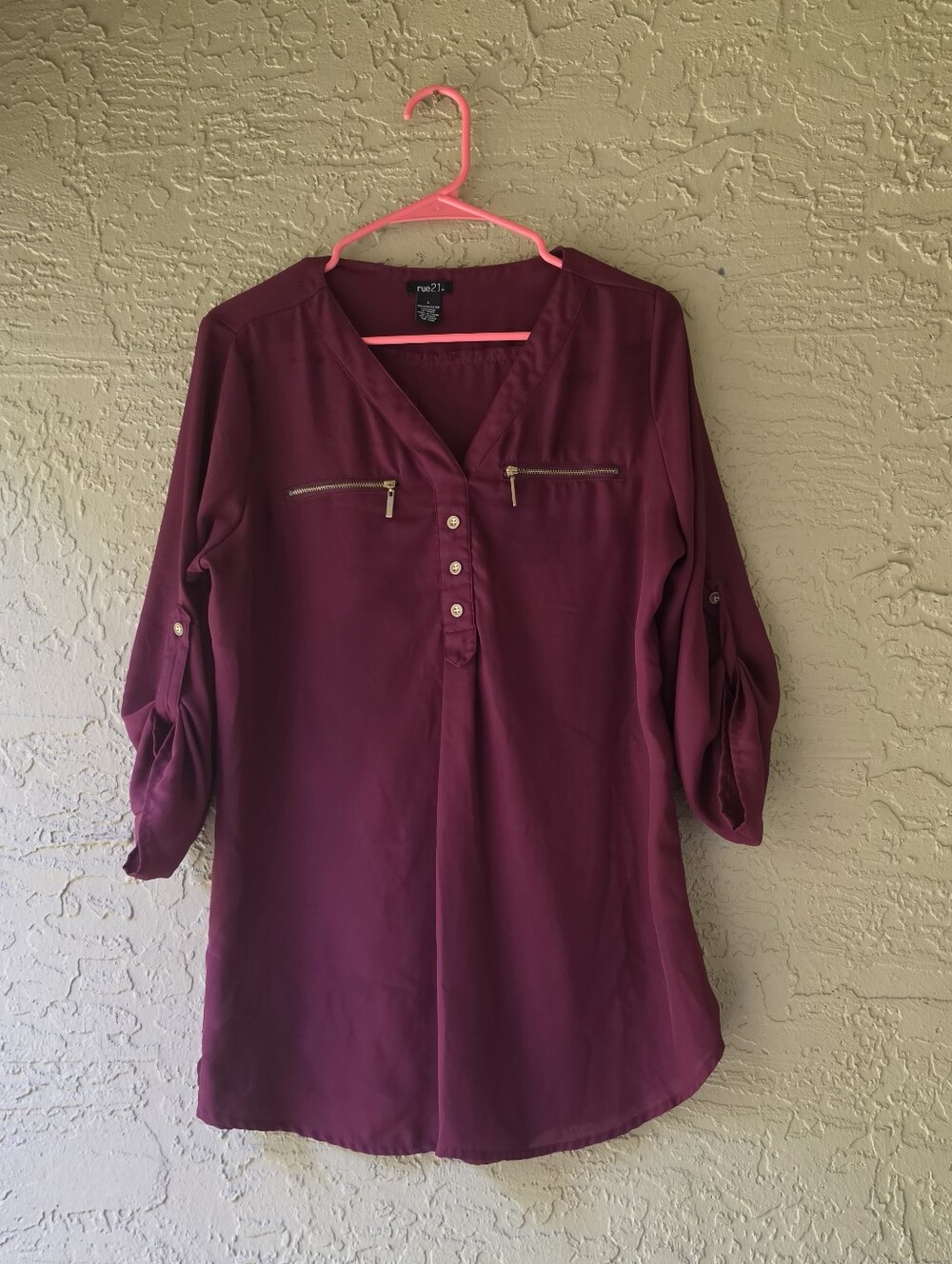 Rue21 Burgundy Roll-Tab Sleeve Zip Accent Blouse Large